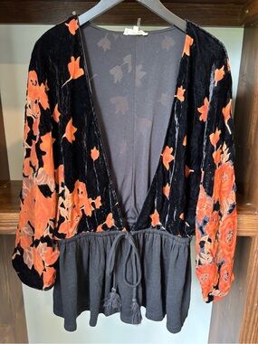 entro Black Velvet Open Cardigan with Orange Floral Burnout